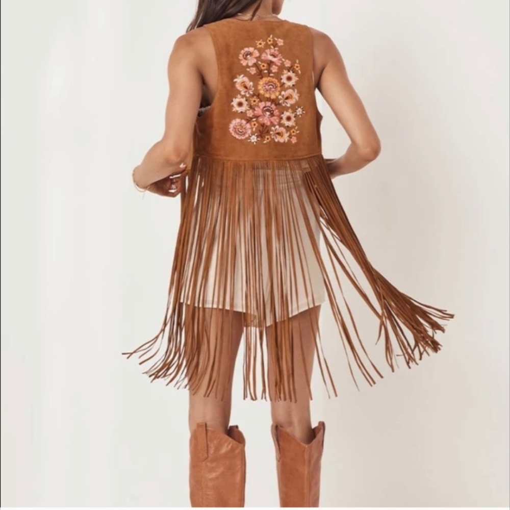 Spell Joni Fringe Vest with Floral Embroidery